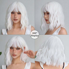 Andromeda White Wavy Wig with Bangs shoulder-length look for daily wear