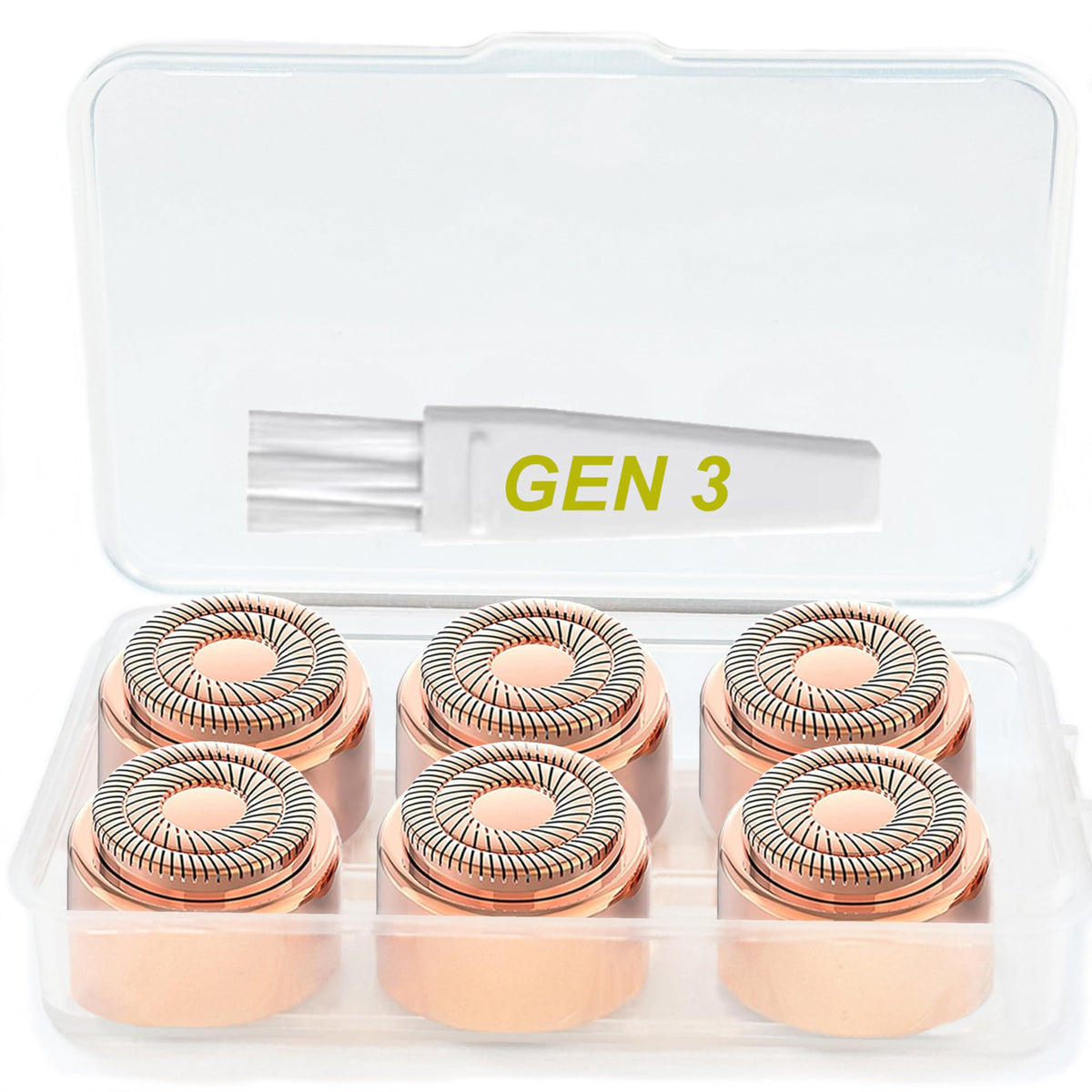 Angel Kiss gen3 replacement heads pack6 case shows six hypoallergenic blades for precise hair removal.