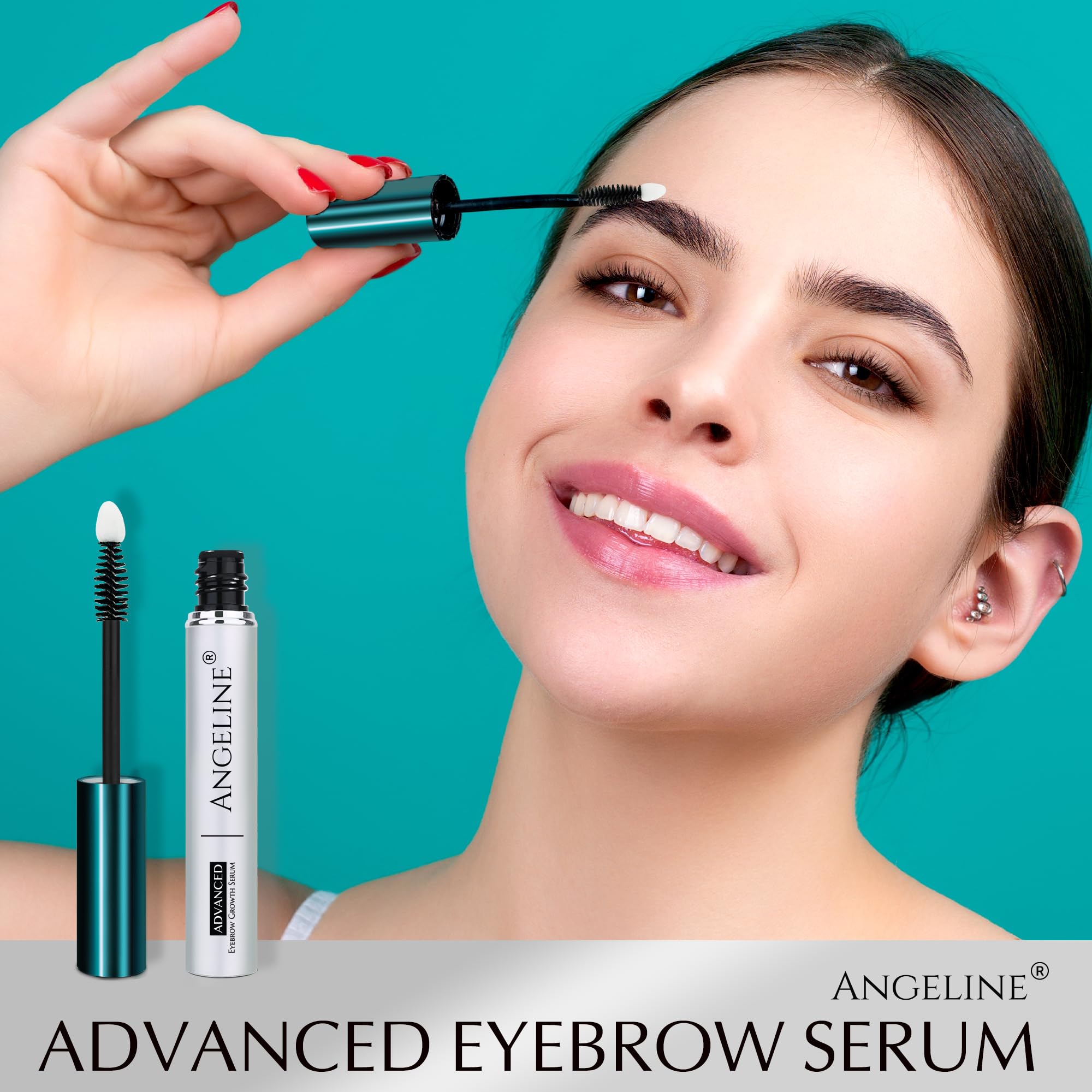 Angeline Premium Eyebrow Serum brush application demonstrating precise use for fuller brows.
