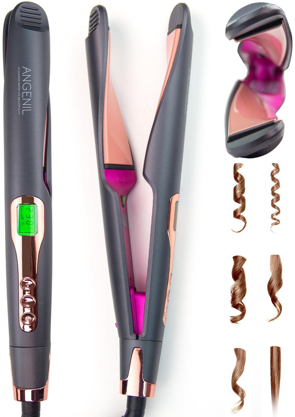 ANGENIL Pro Twist Ceramic Flat Iron plate closeup shows even heat for smoother styling and reduced frizz.