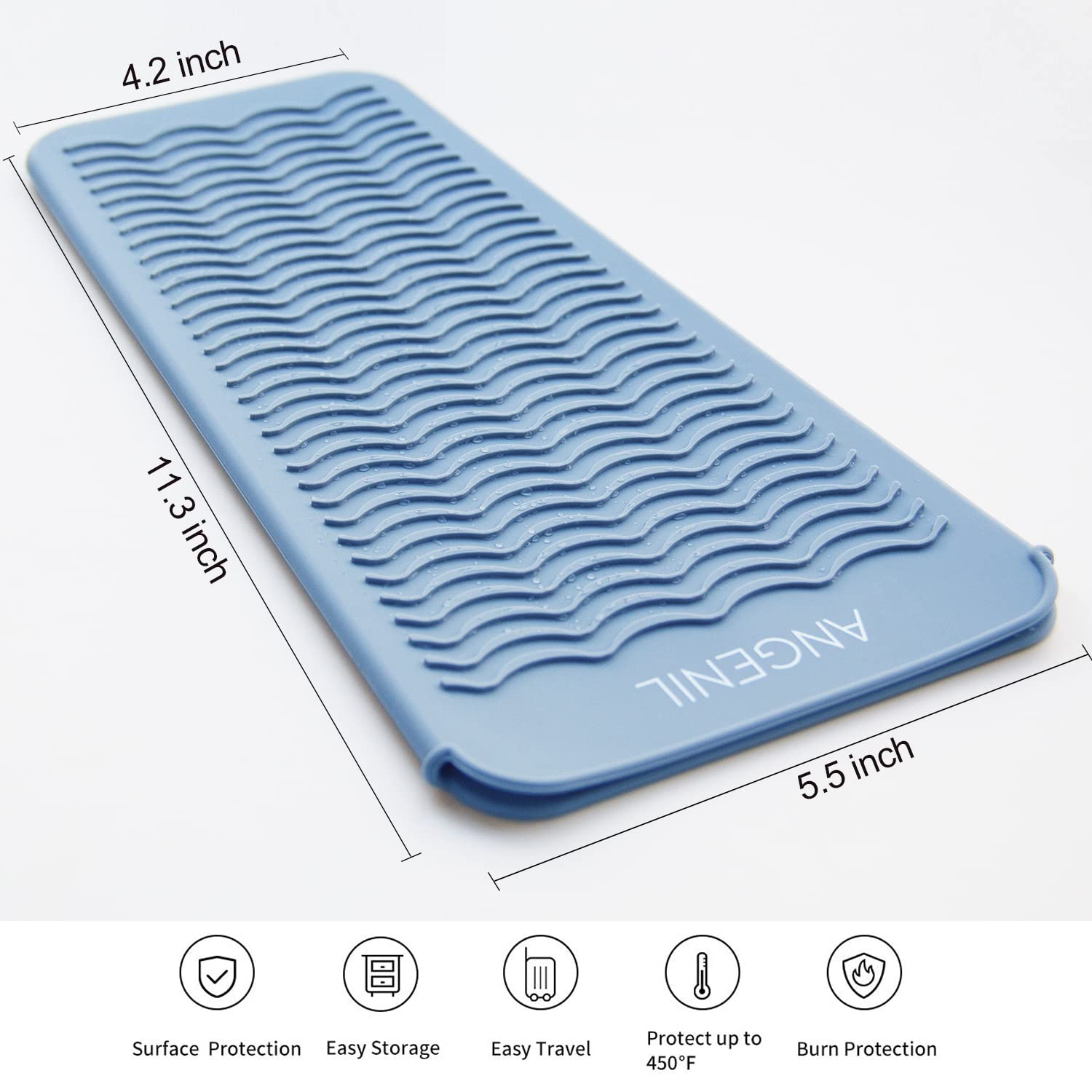 ANGENIL silicone mat on counter protects surfaces from heat damage during styling.