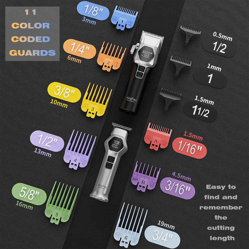 AngFan 440C steel blades with coating for durable, clean fades.