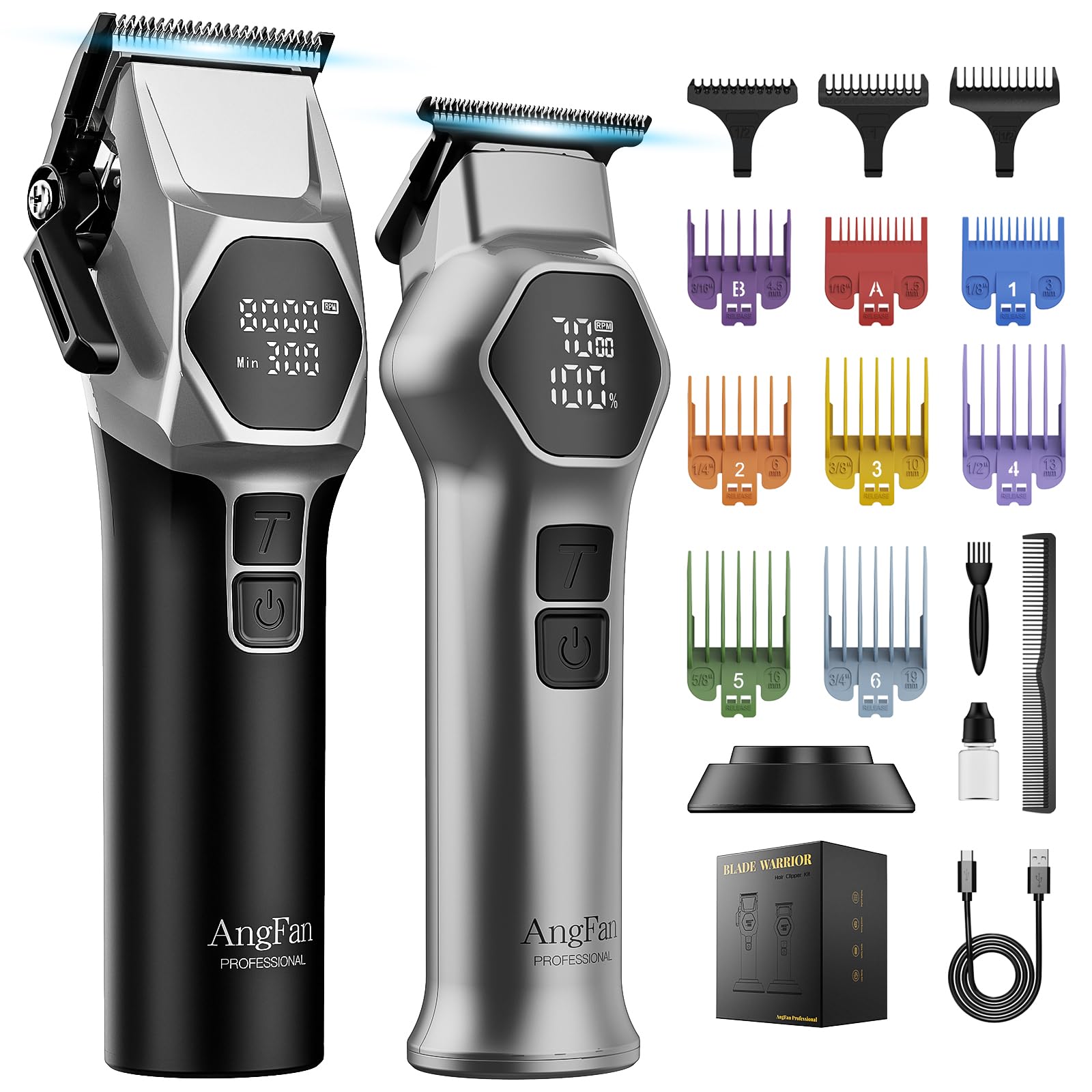 AngFan professional hair clippers package shows cordless setup for busy barbers.