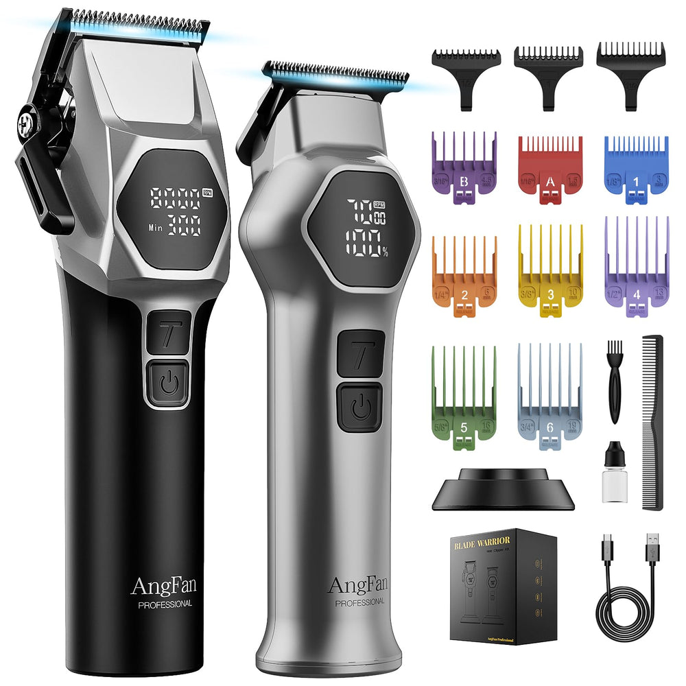 AngFan professional hair clippers package shows cordless setup for busy barbers.