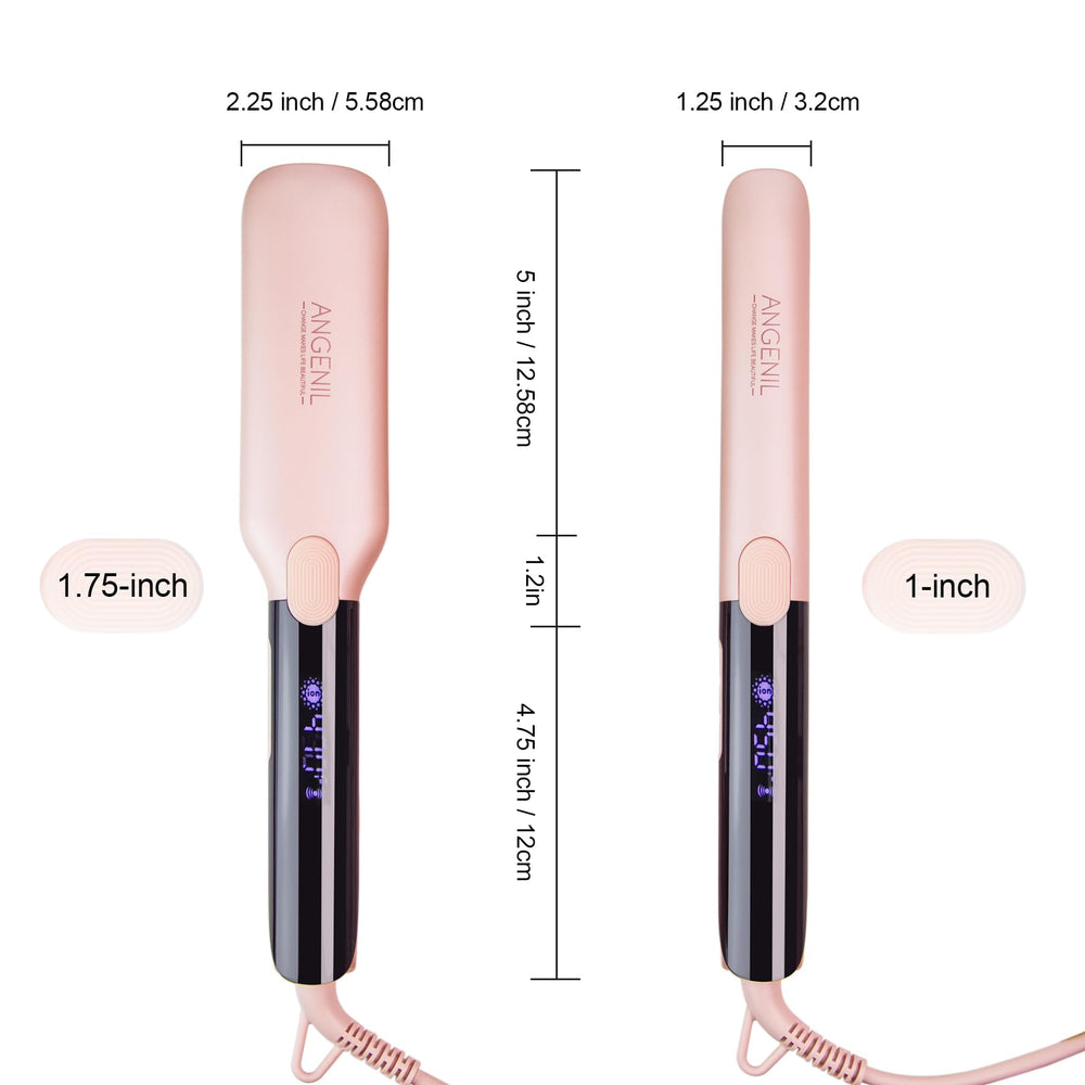 ANGENIL Pro Titanium Flat Iron style demonstration showing straight and curled looks.