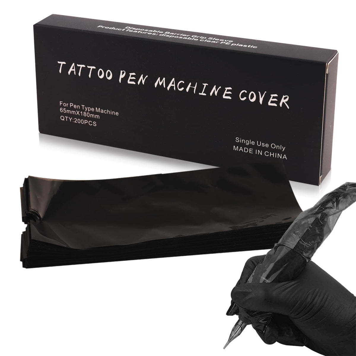 Anghie tattoo machine covers box packaging in black, showing durable 200-piece set for thicker machines.