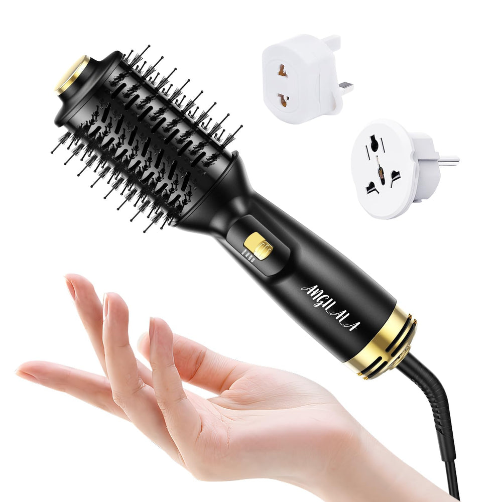 ANGILALA dual voltage mini hair dryer brush for travel-ready styling anywhere.
