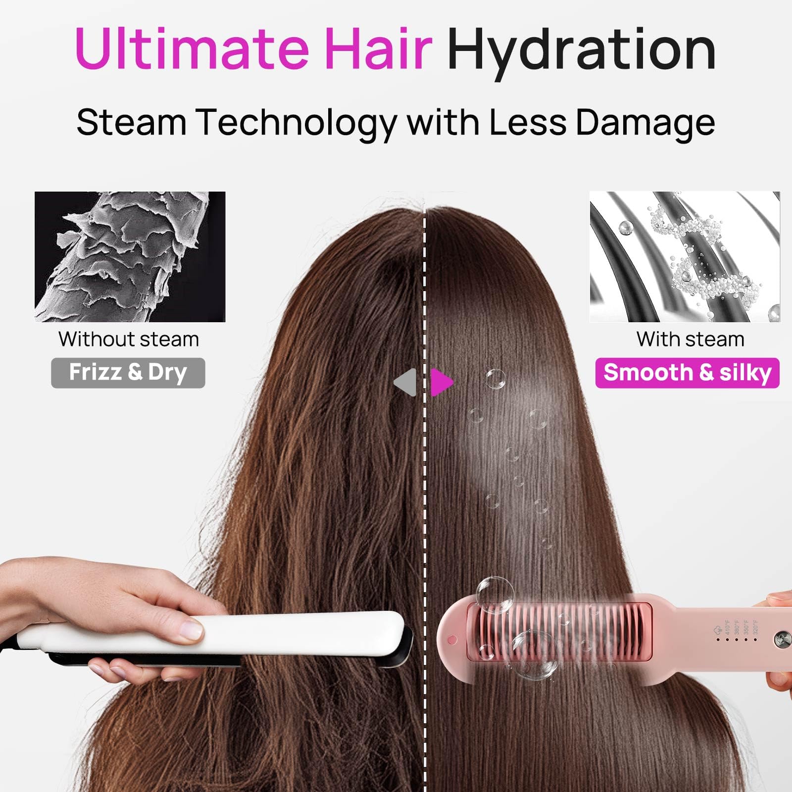 ANIEKIN 3-in-1 steam straightener brush heat-setting dial closeup for temperature control.