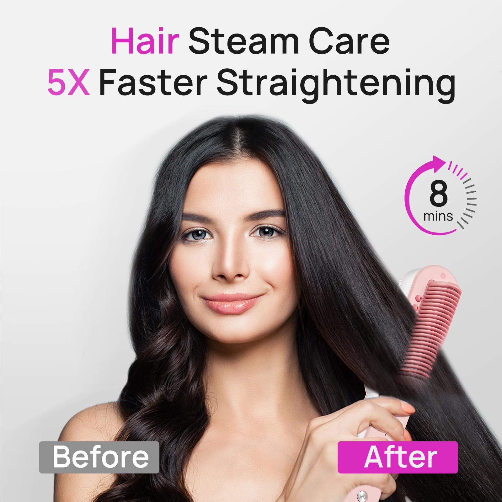 ANIEKIN 3-in-1 steam straightener brush steam-release close-up for moisture infusing shine.