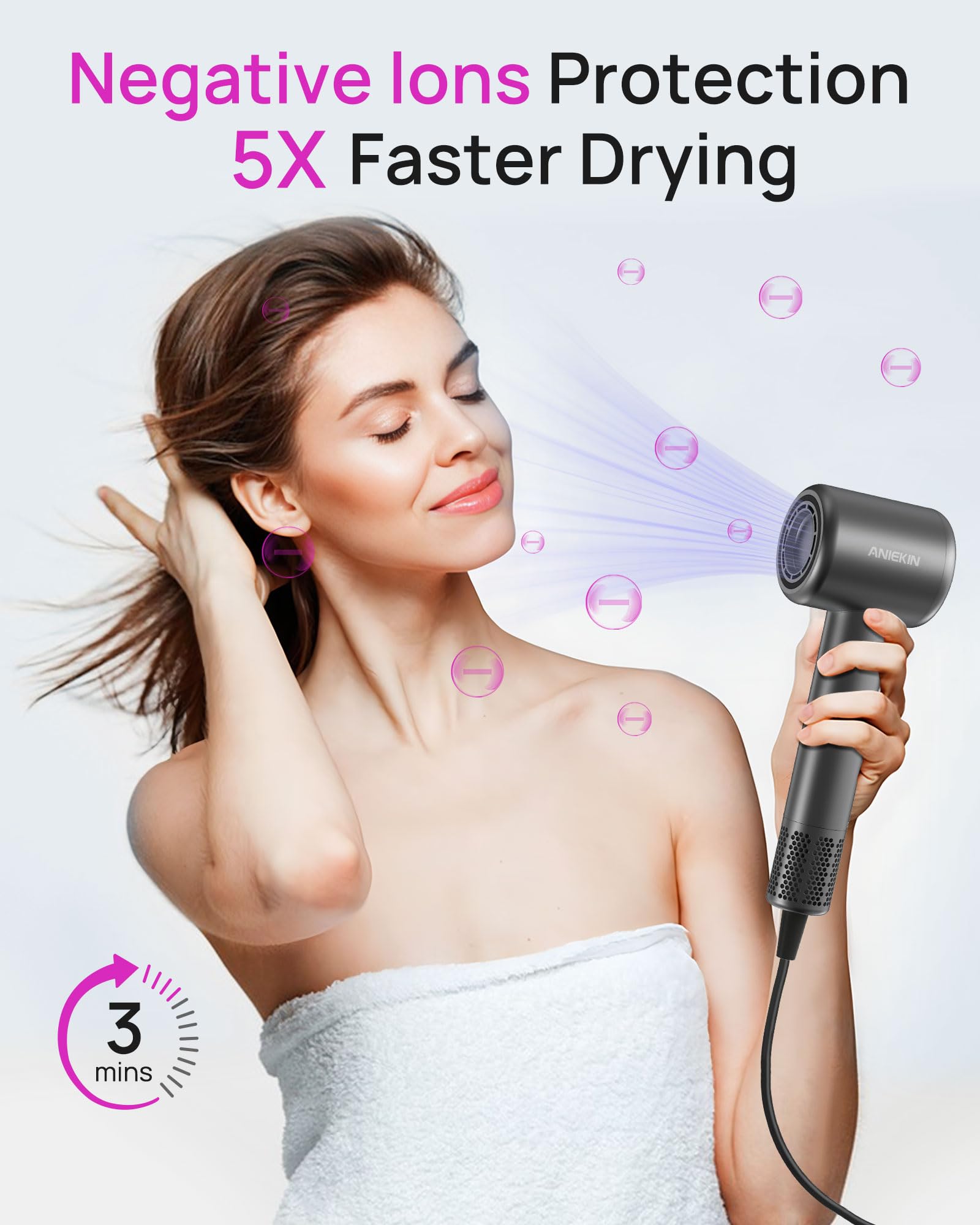 ANIEKIN hair dryer 110000 rpm motor delivers powerful airflow for quick styling