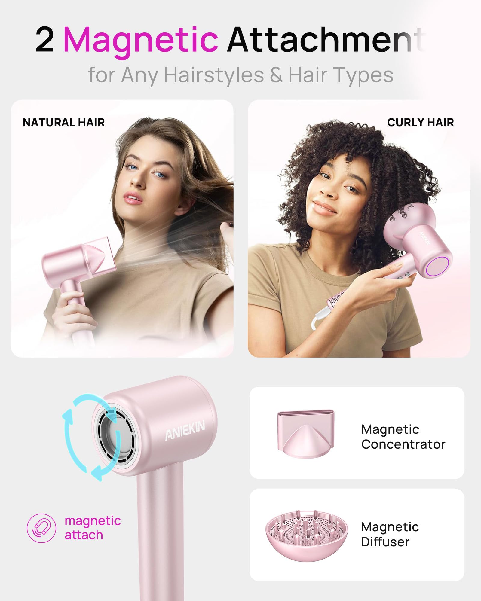 ANIEKIN hair dryer brushless motor delivers strong airflow for fast drying.