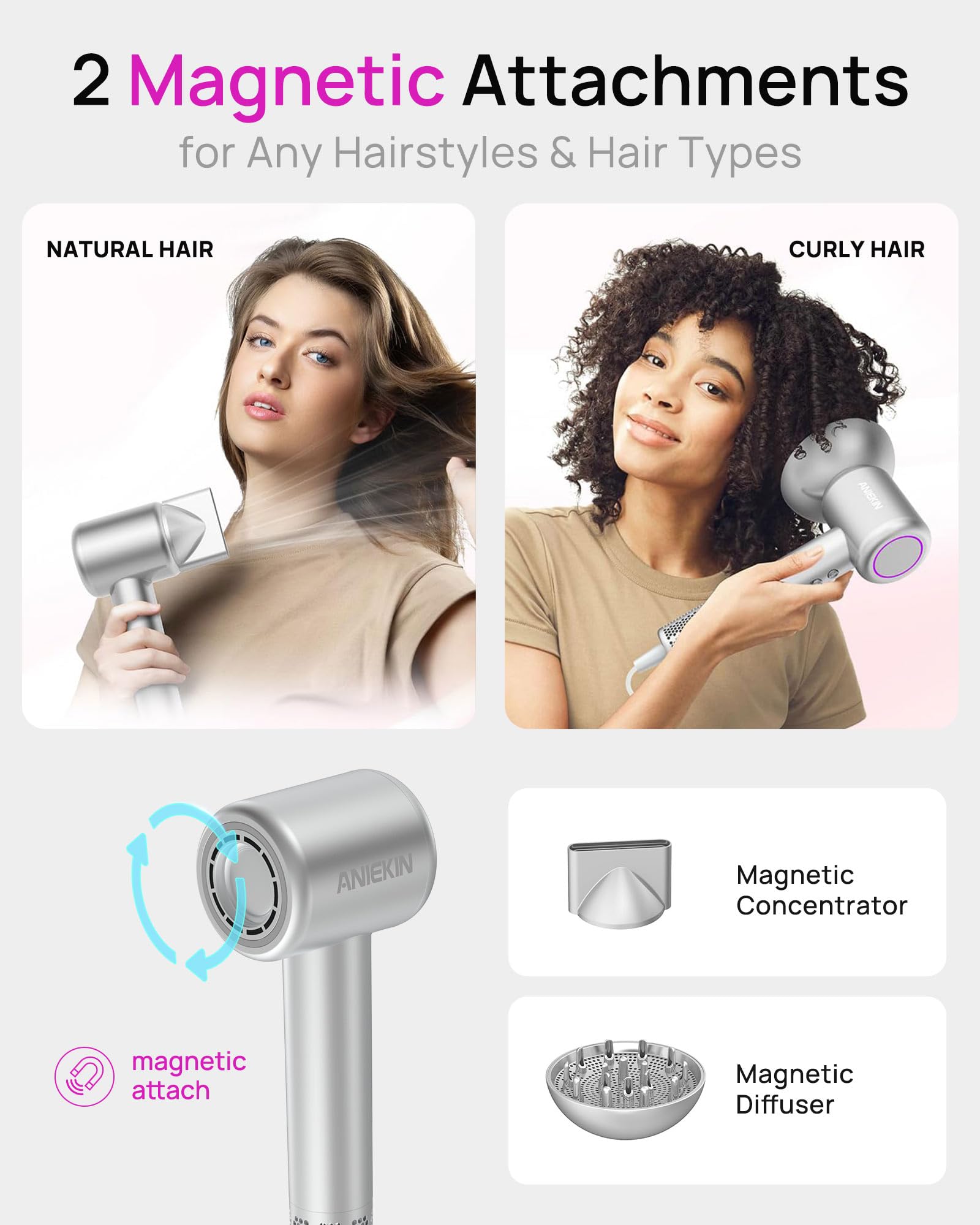 ANIEKIN hair dryer offers four heat settings plus cooling mode for versatile styling