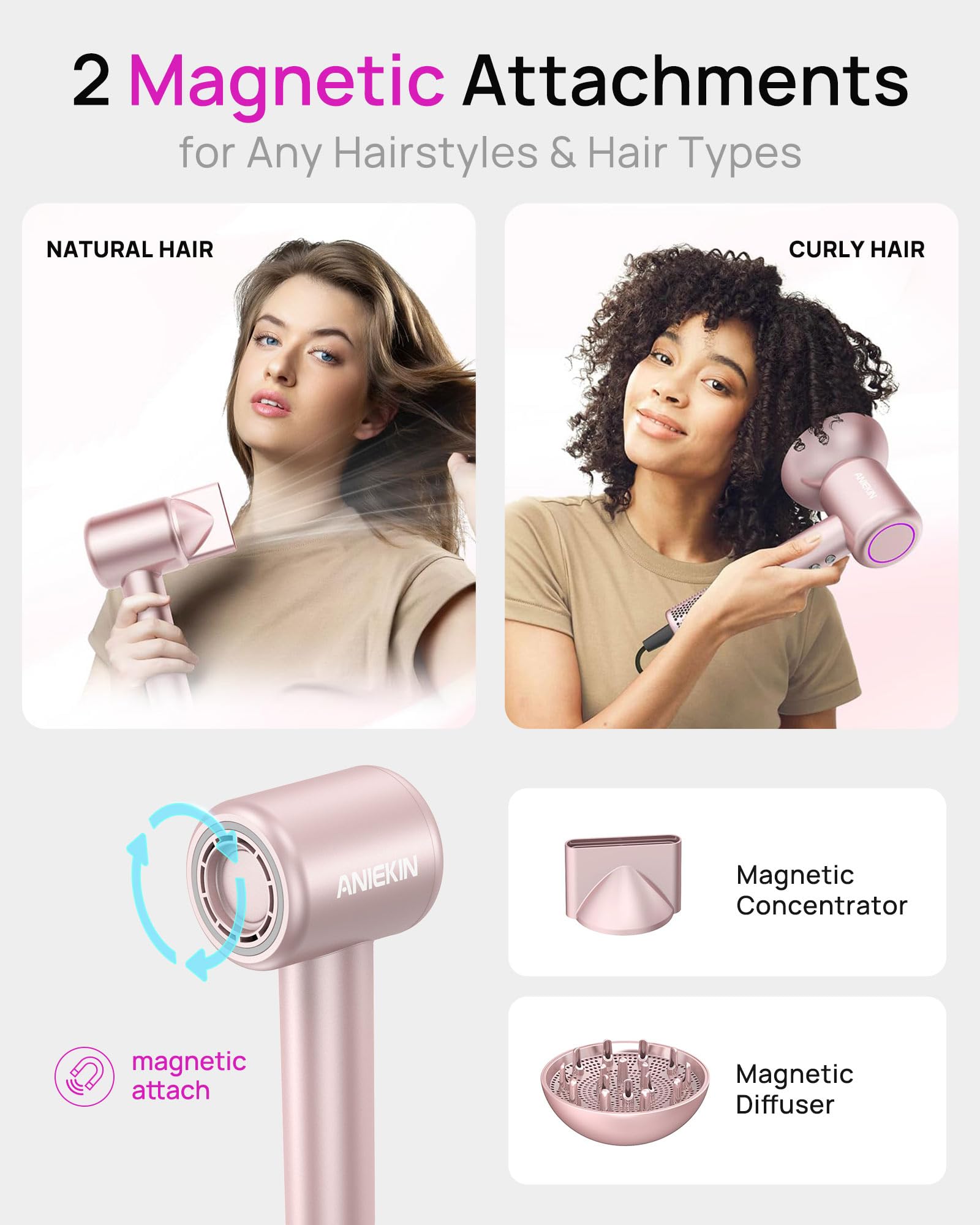 ANIEKIN hair dryer magnetic diffuser supports curly hair styling