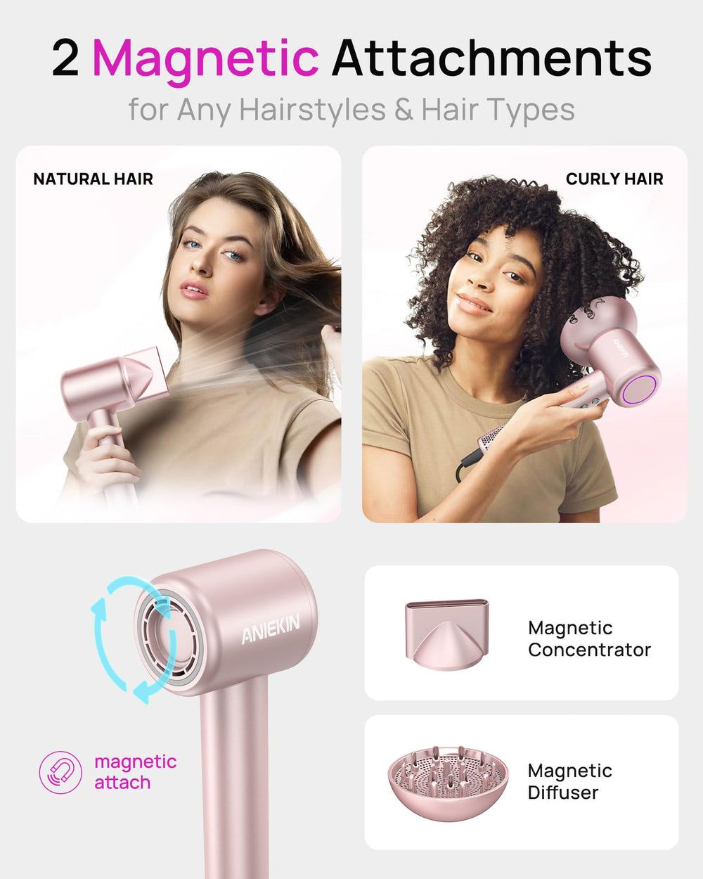 ANIEKIN hair dryer magnetic diffuser supports curly hair styling