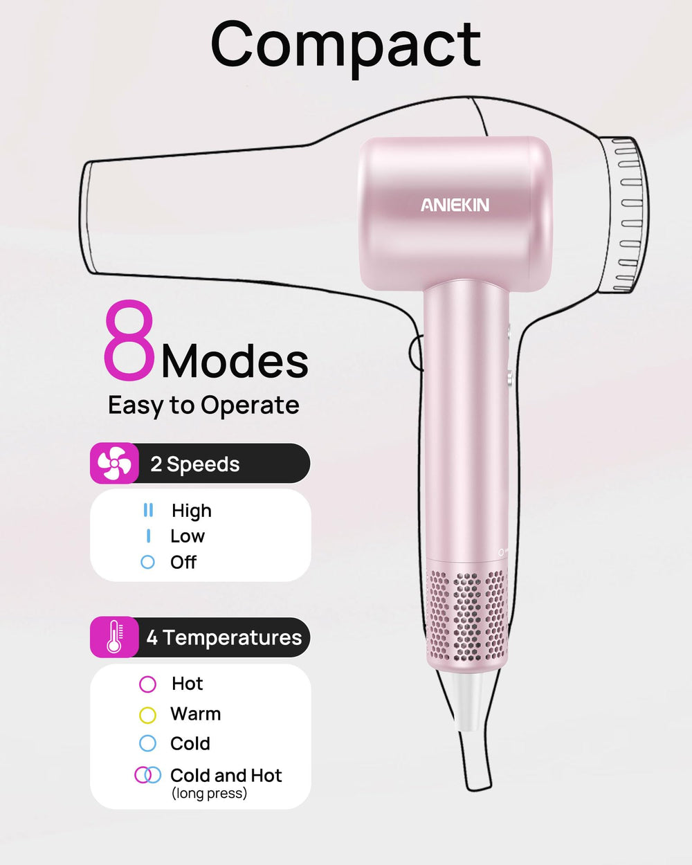 ANIEKIN hair dryer with negative ions locks in moisture and reduces frizz.