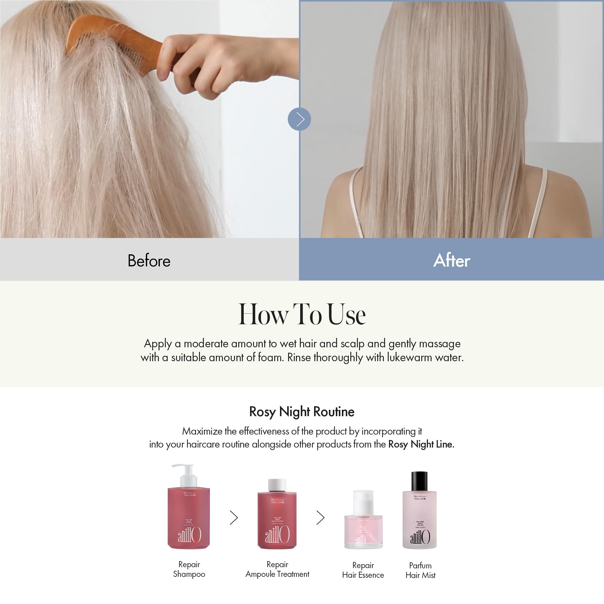 ANILLO Rosy Night Repair Shampoo back view underscores sulfate-, silicone-, paraben-free formula