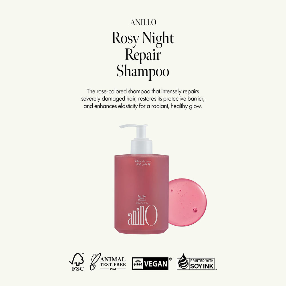 ANILLO Rosy Night Repair Shampoo label closeup emphasizes Damask Rose Water and ceramide nourishment