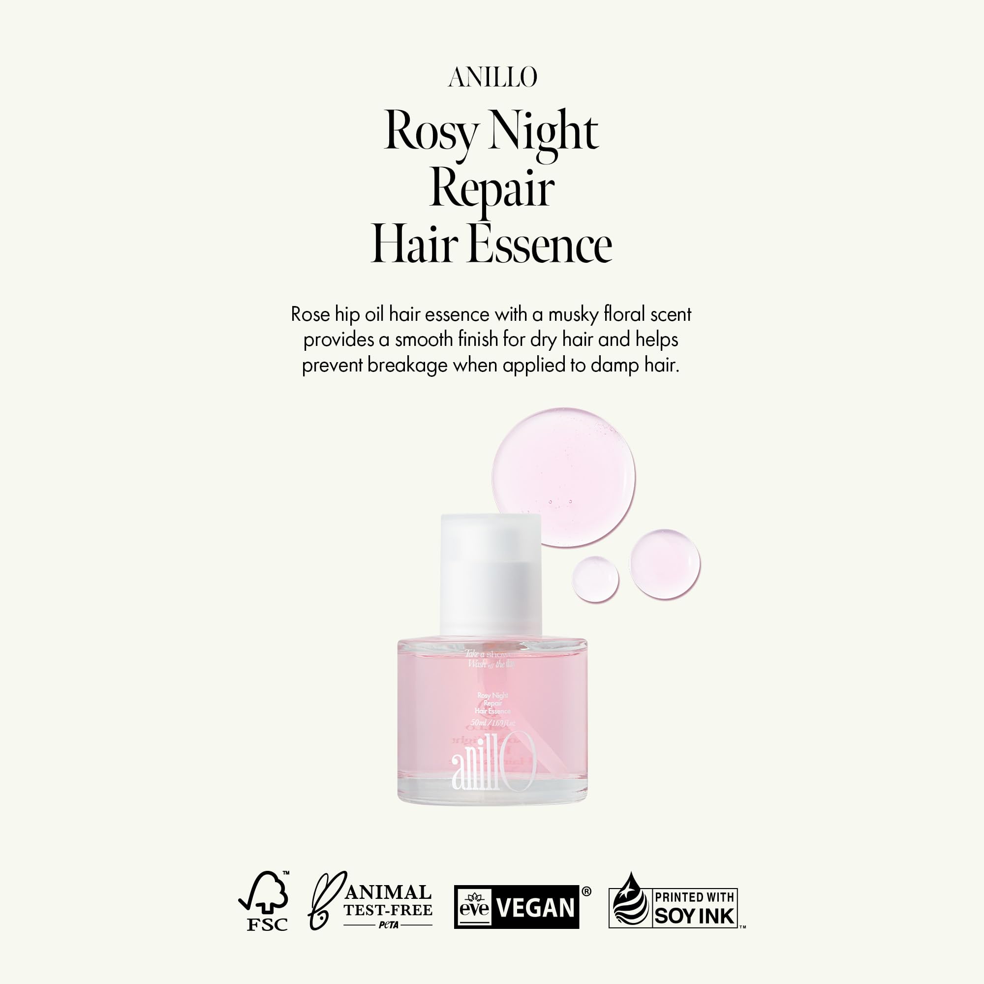 ANILLO Rosy Night Rosewater extract closeup hints at deep hydration.