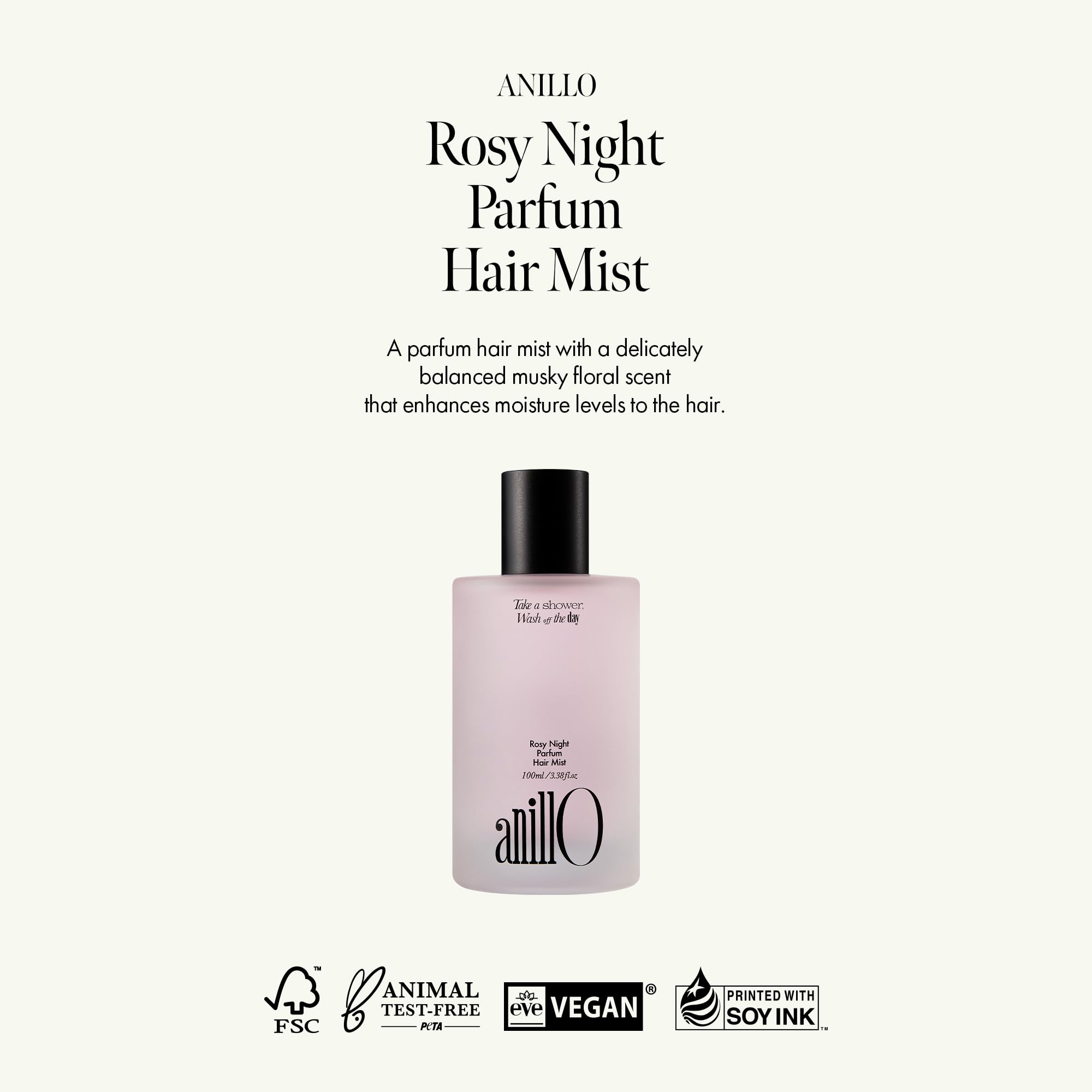 ANILLO Rosy Night spray action on hair for refreshing scent.