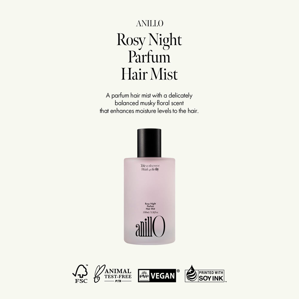 ANILLO Rosy Night spray action on hair for refreshing scent.