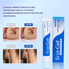 ANJIEYA silicone scar gel texture swatch showing lightweight, non-greasy finish.