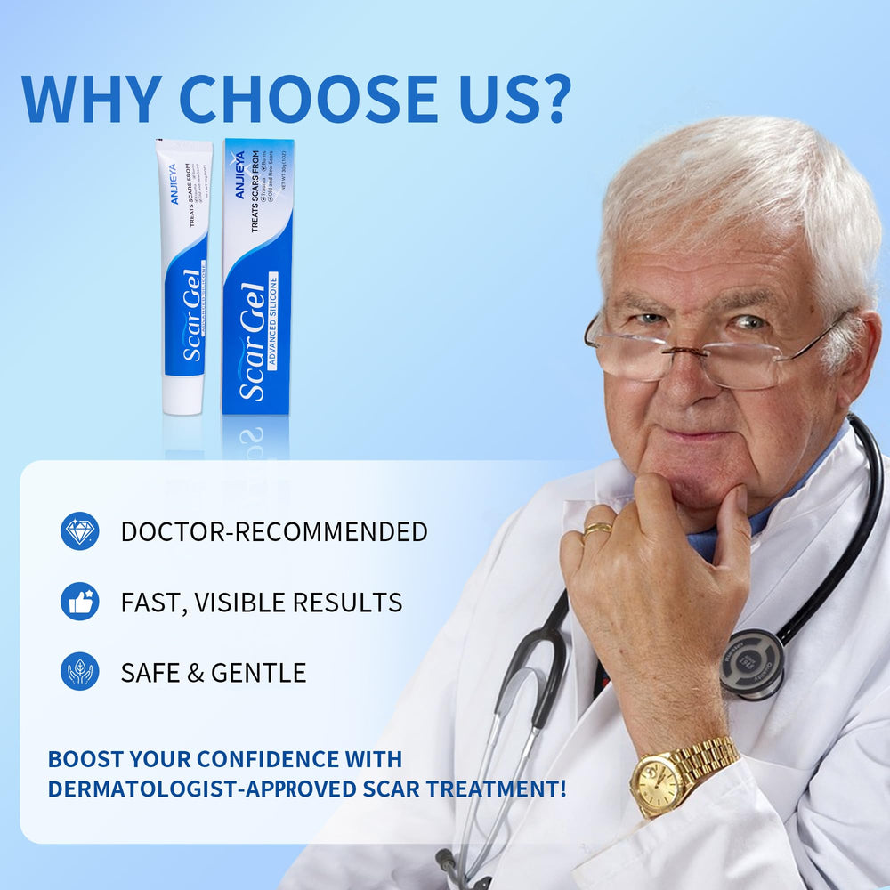 ANJIEYA silicone scar gel tube closeup highlighting hypoallergenic formula for sensitive skin.