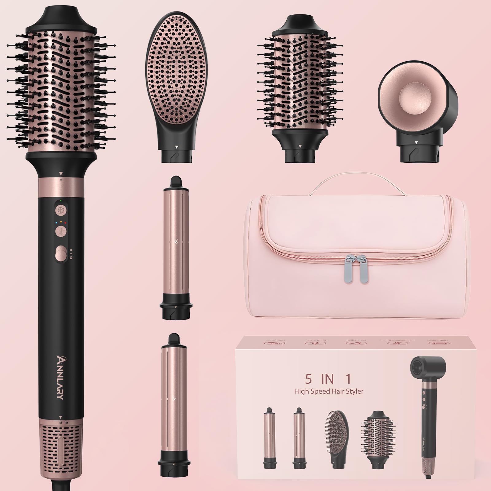 ANNLARY 5-in-1 ionic hot air styler packaged for organized storage and travel convenience.