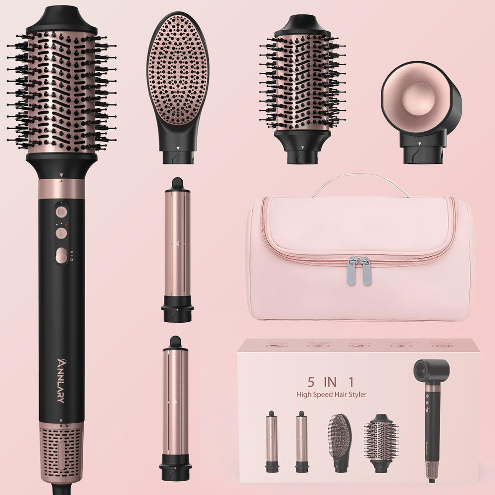 ANNLARY 5-in-1 ionic hot air styler packaged for organized storage and travel convenience.