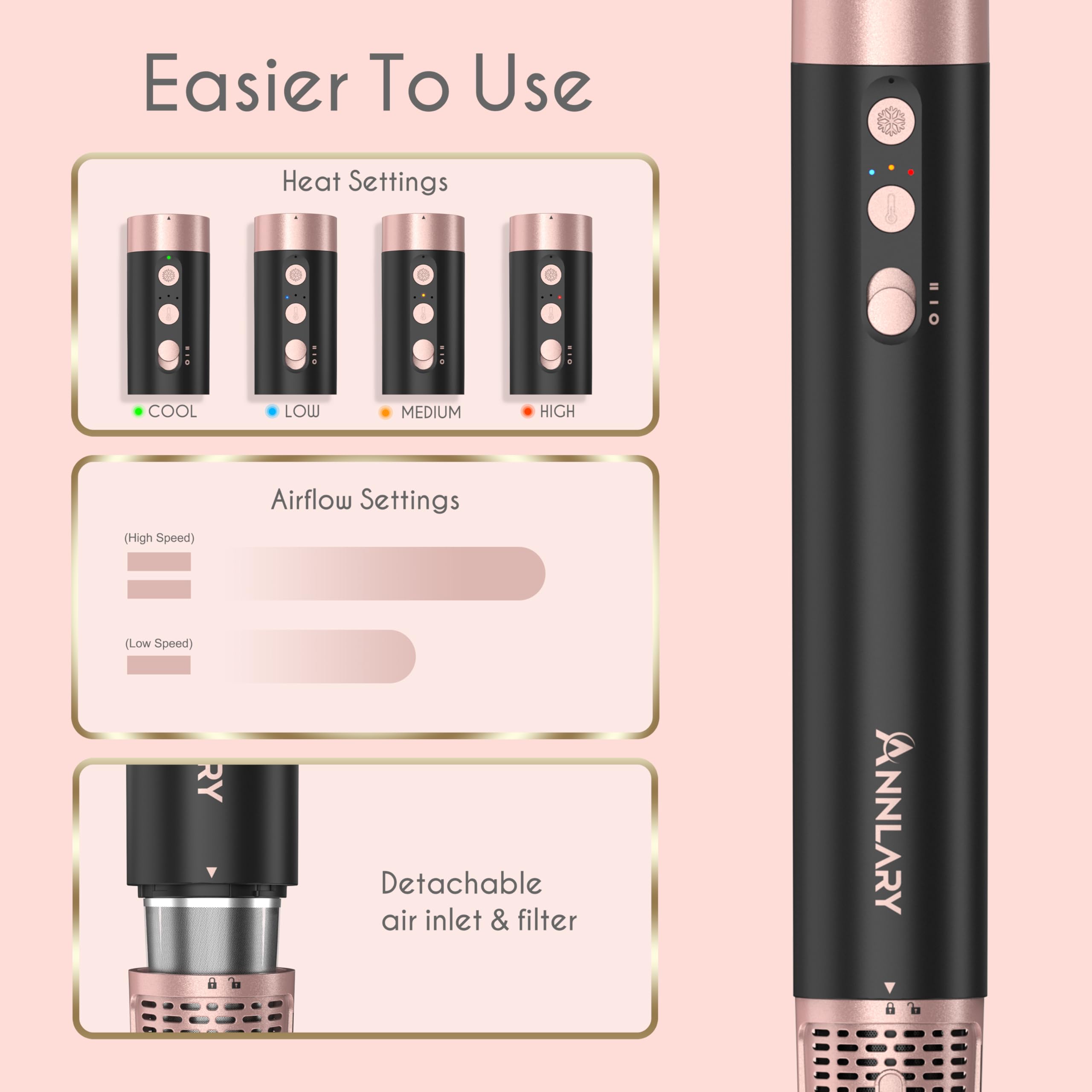 ANNLARY ergonomic 360-degree swivel cord minimizes tangles during styling.
