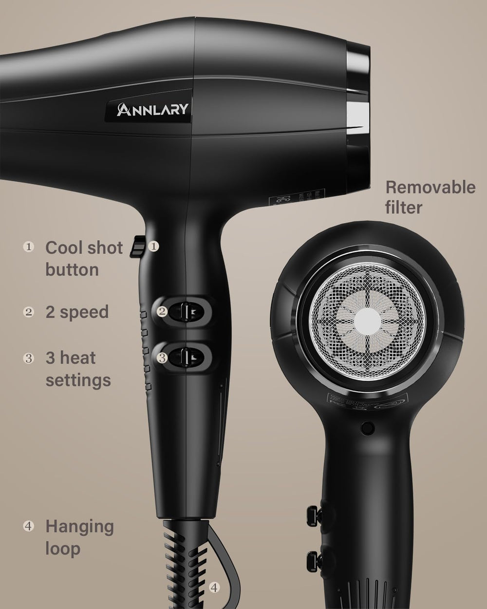 Close-up of ANNLARY hair dryer showcasing its ergonomic design for comfort.