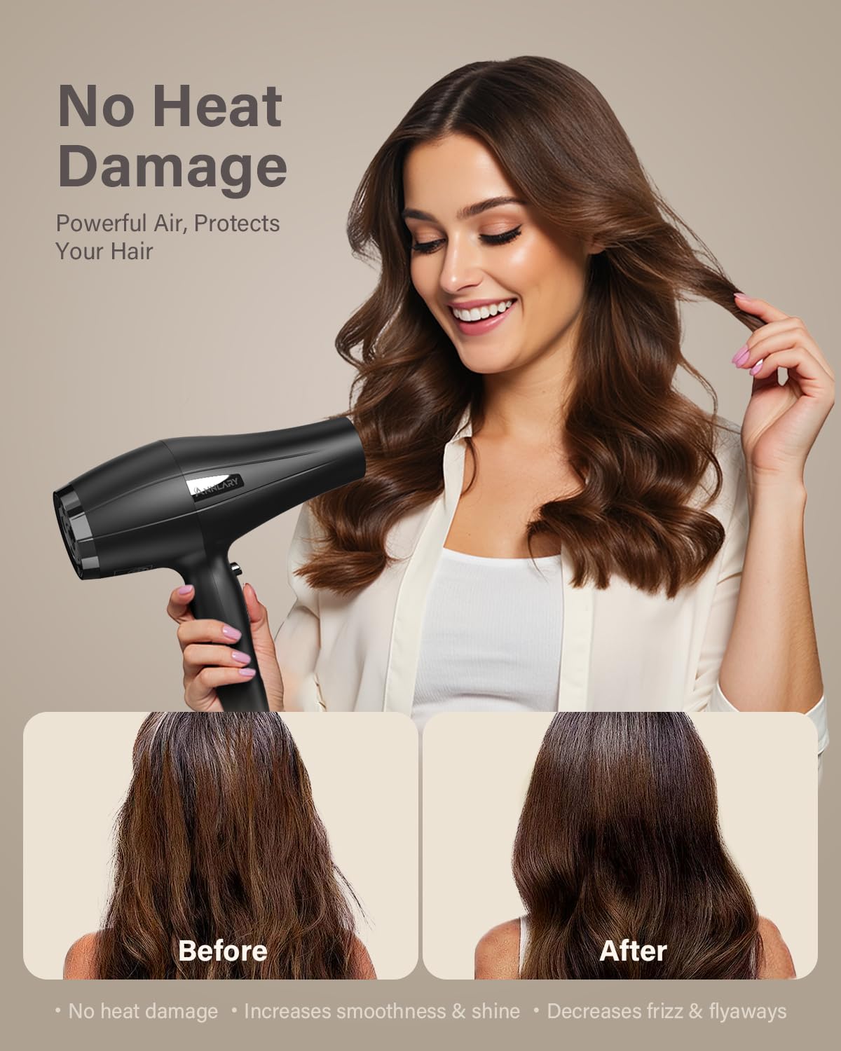 User styling hair with ANNLARY dryer for a fast and efficient drying experience.