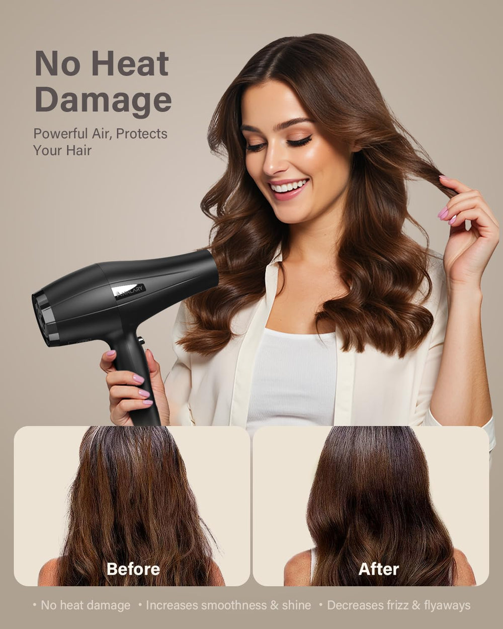 User styling hair with ANNLARY dryer for a fast and efficient drying experience.
