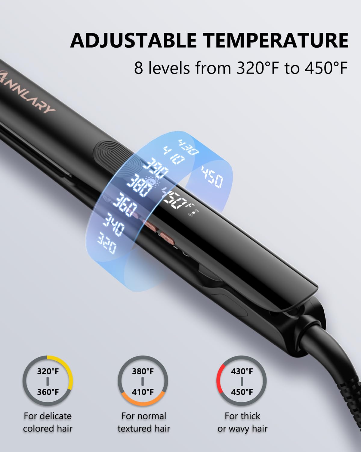 ANNLARY titanium-ceramic coating closeup showing even heat distribution and frizz reduction