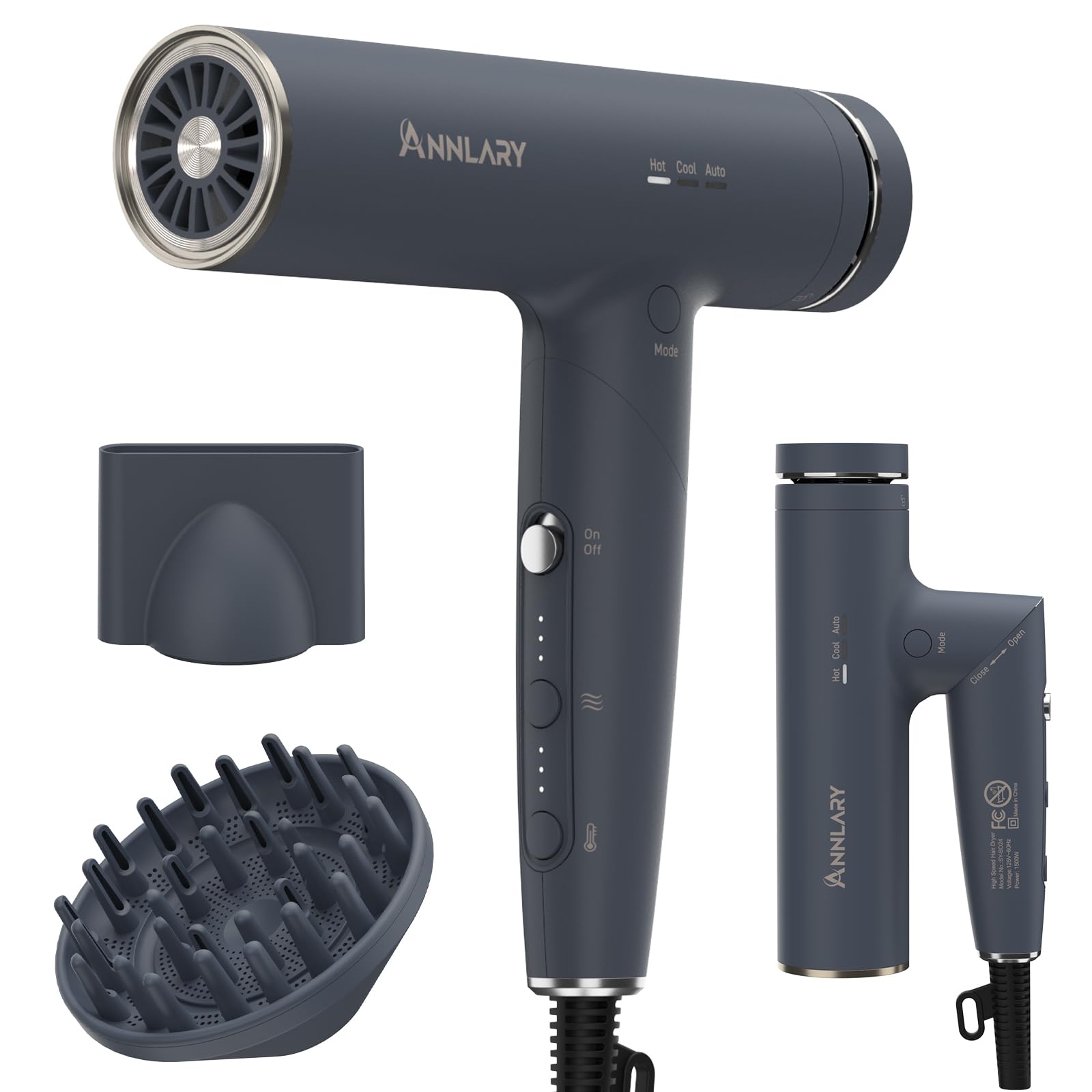 ANNLARY plasma ion hair dryer front view showing sleek design for quick, even drying.