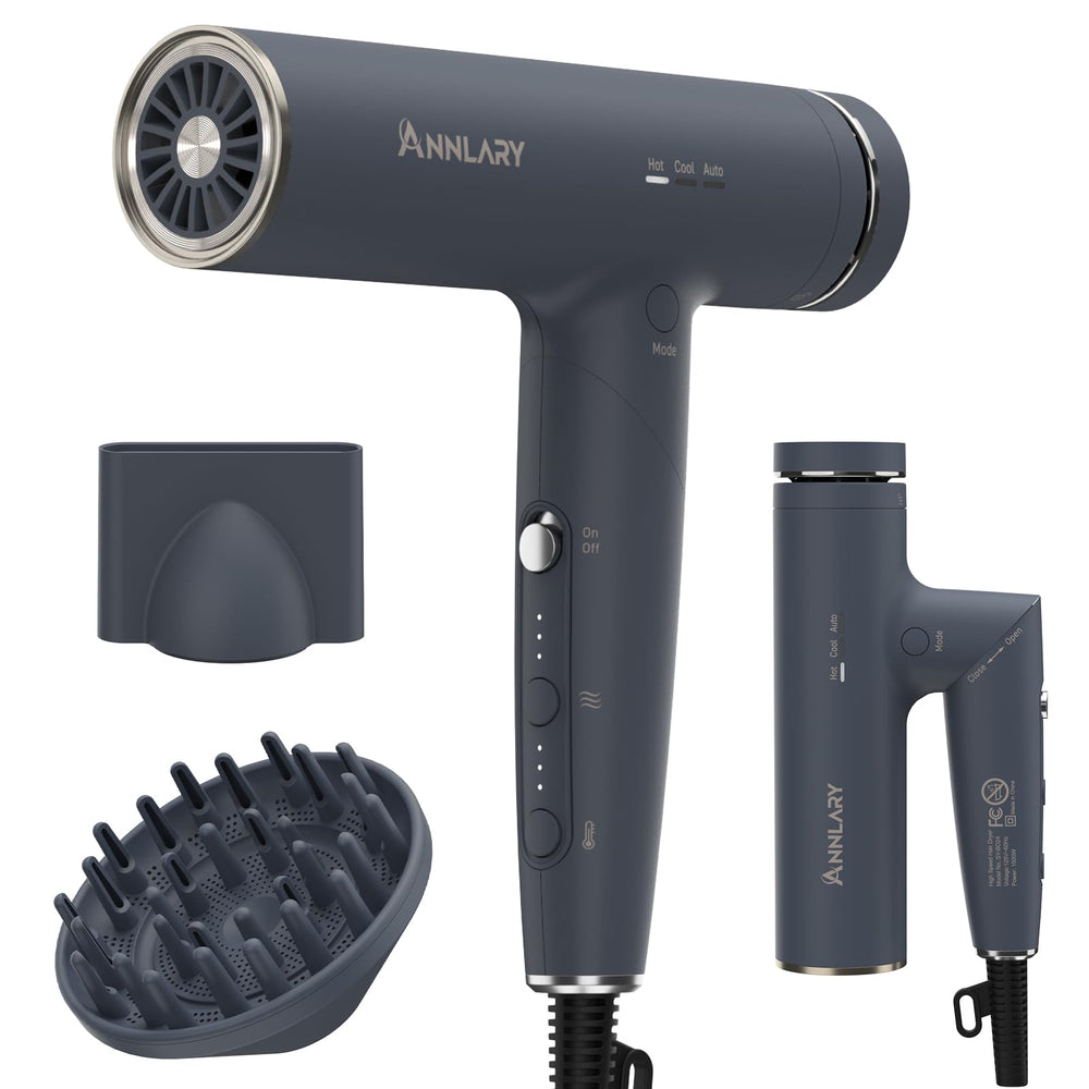 ANNLARY plasma ion hair dryer front view showing sleek design for quick, even drying.