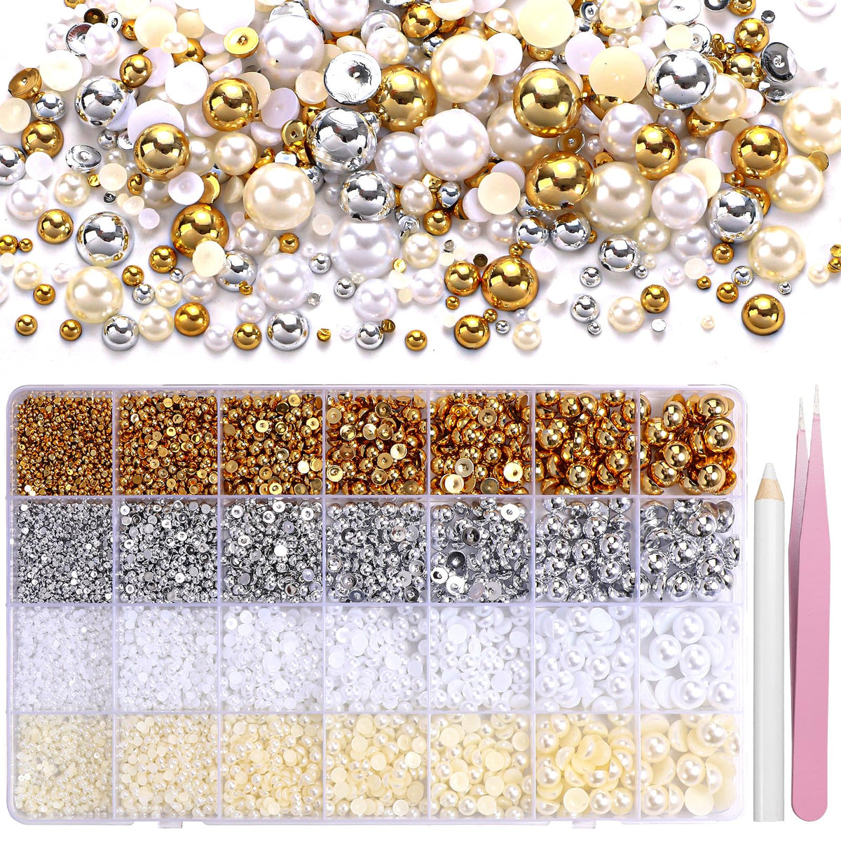 AnoleAir half-pearl beads in gold, silver, white for versatile nail art embellishment