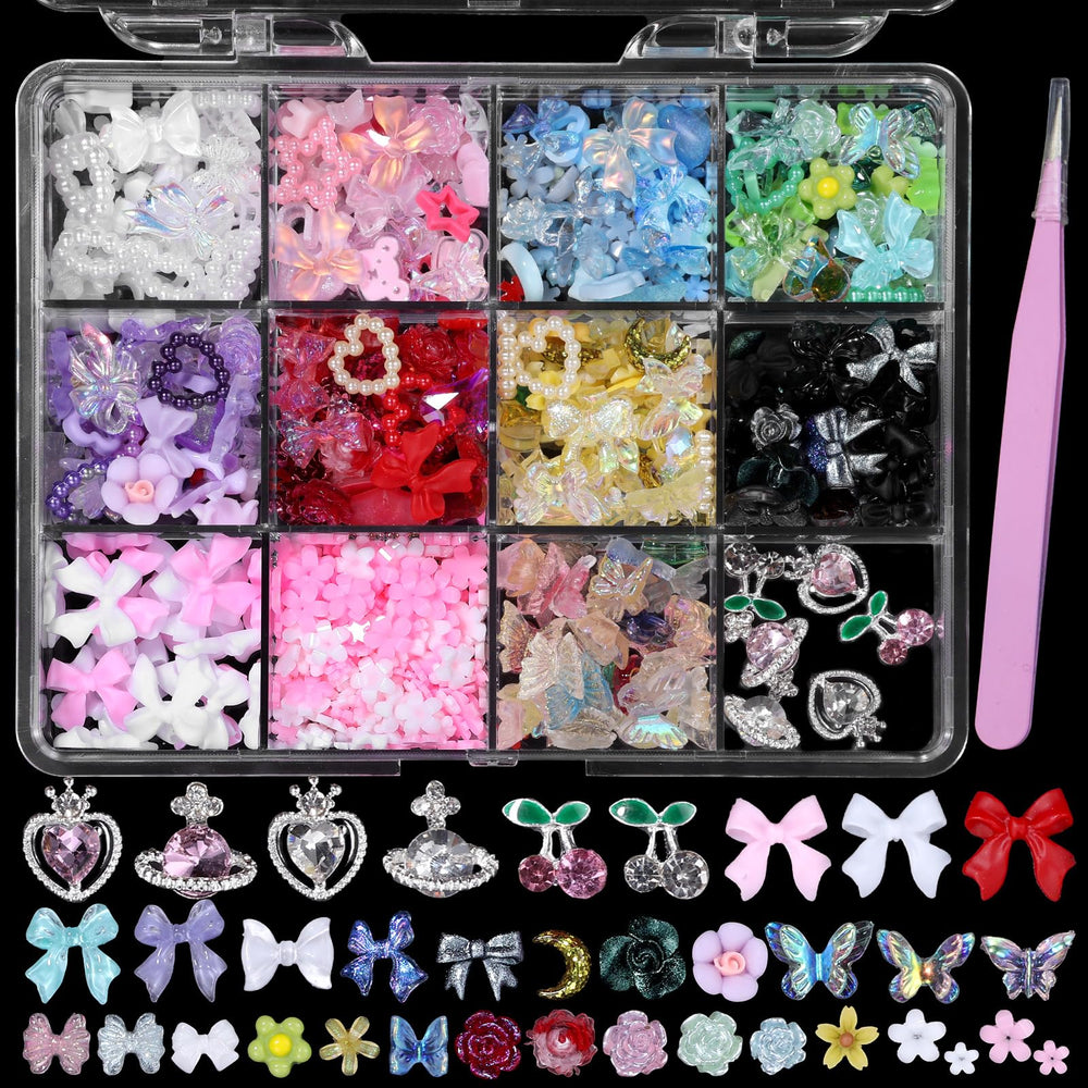 Anower 3D nail charms assortment box with tweezer for precise application and varied designs
