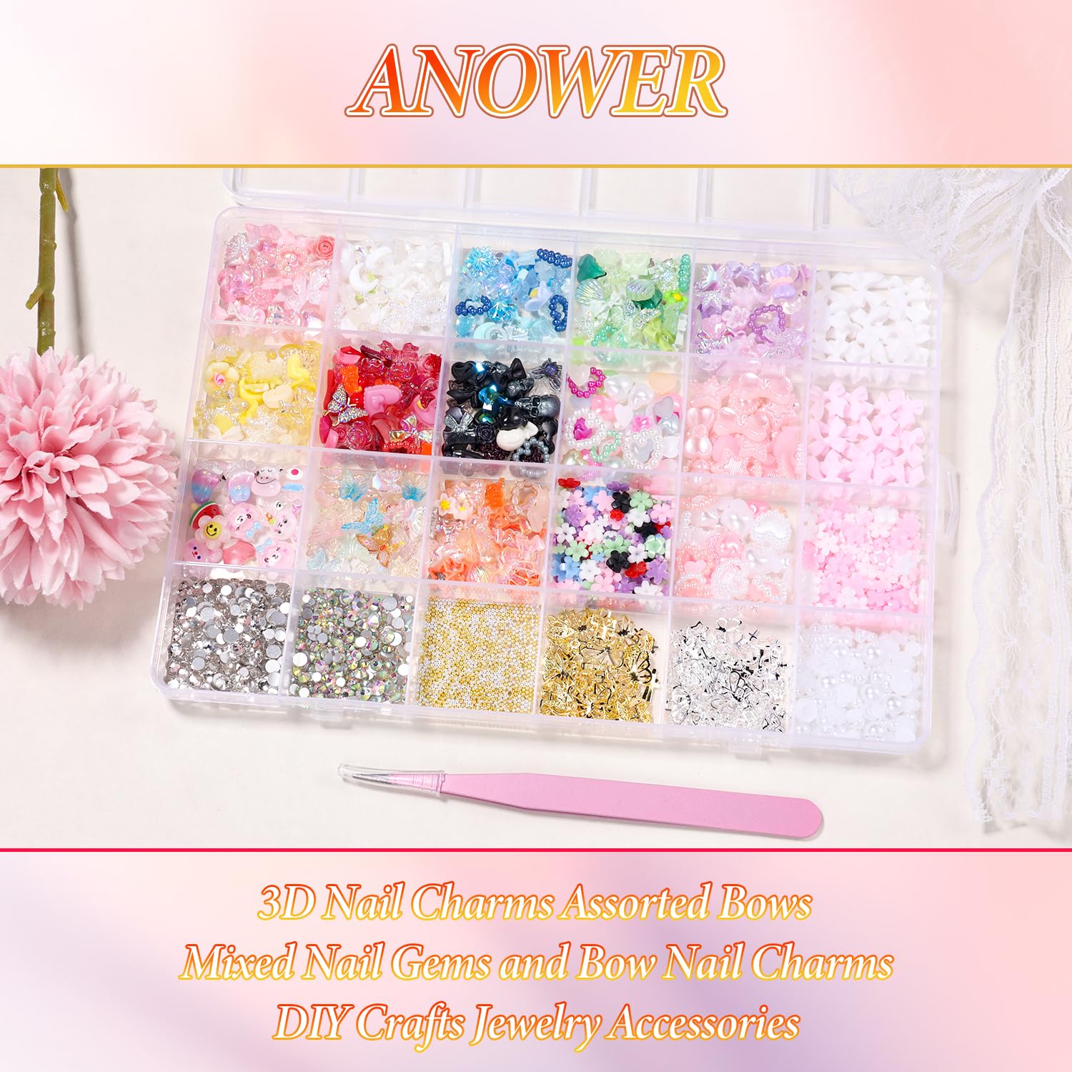 Anower 3D nail charms bow enhances cute, playful nail designs