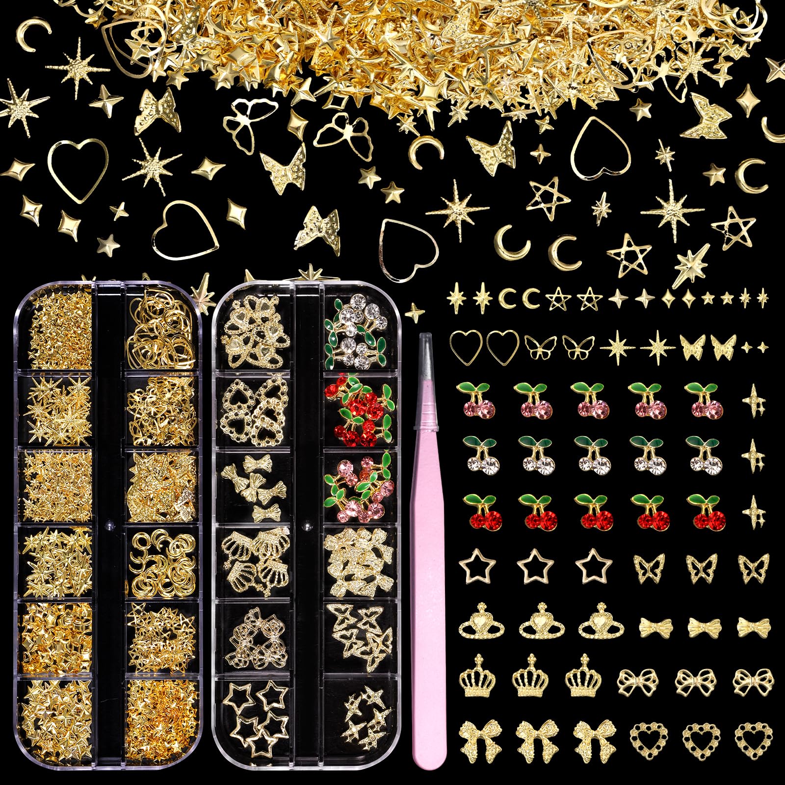 Anower gold nail charms set with cherry, bows, star and heart designs for luxe manicure.
