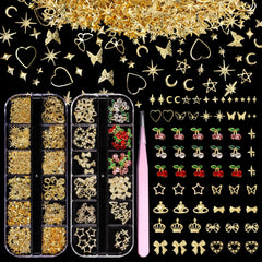Anower gold nail charms set with cherry, bows, star and heart designs for luxe manicure.
