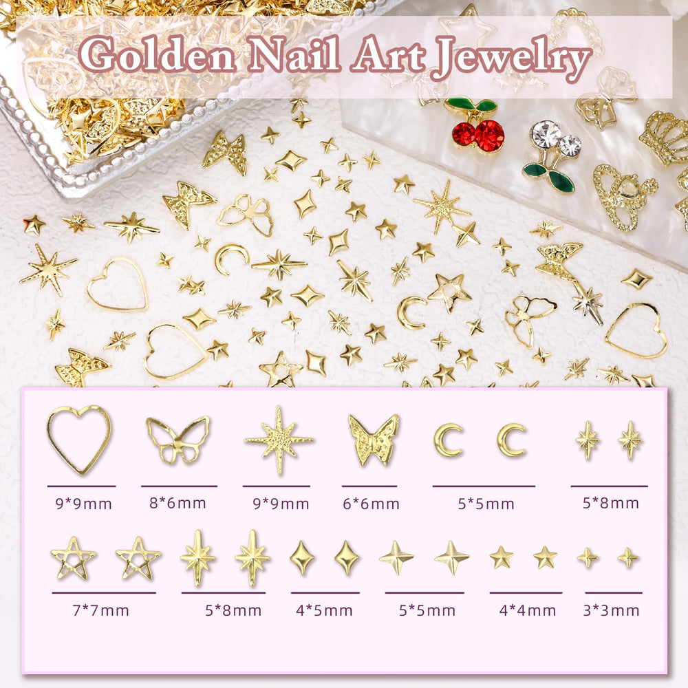 Anower multi-shape gold nail charms offer versatile decorating options.
