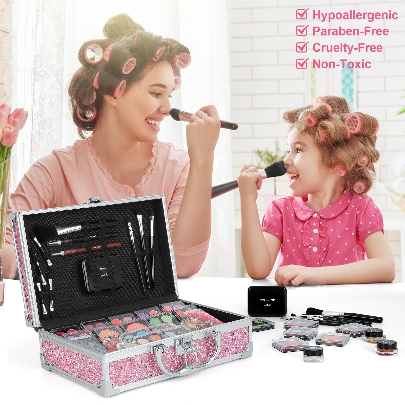 Anpro blush palette adds gentle color for a fresh rosy glow.