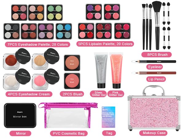 Anpro eyeshadow palette with 28 colors enables versatile warm and cool looks.