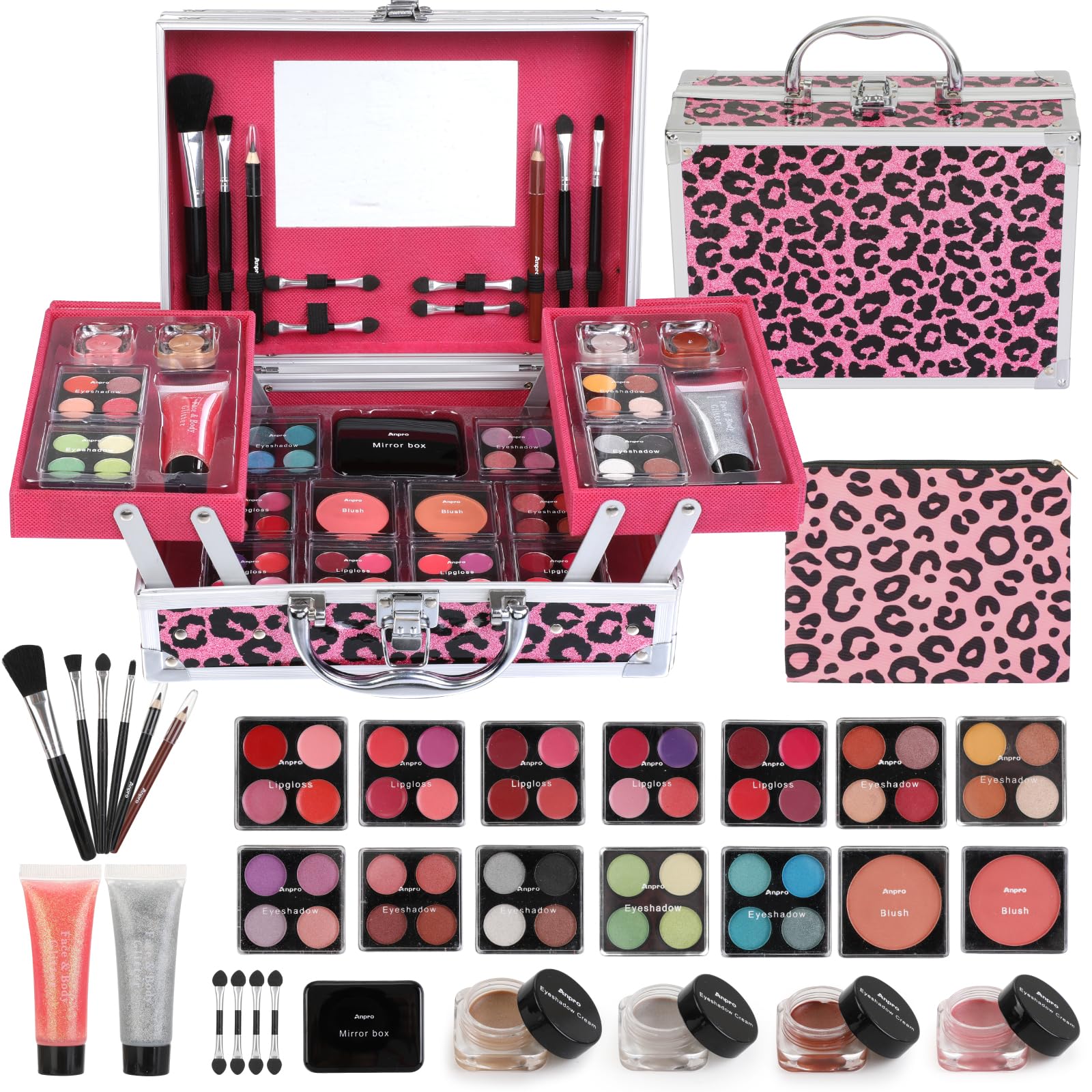 Anpro leopard durable case with top handle for portable makeup storage and travel