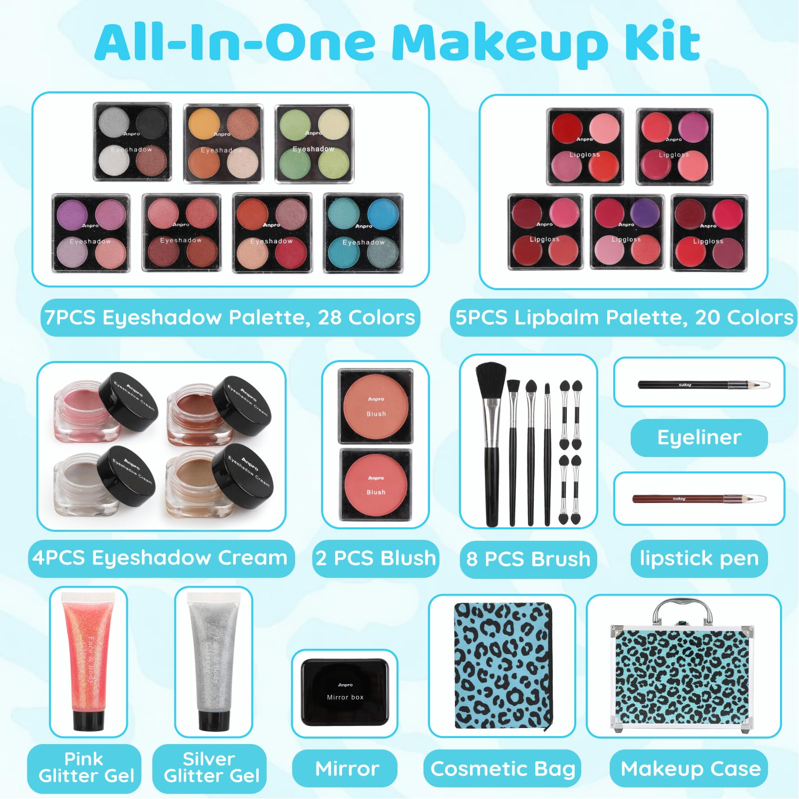Anpro Leopord case open layout showing full makeup kit for on-the-go use
