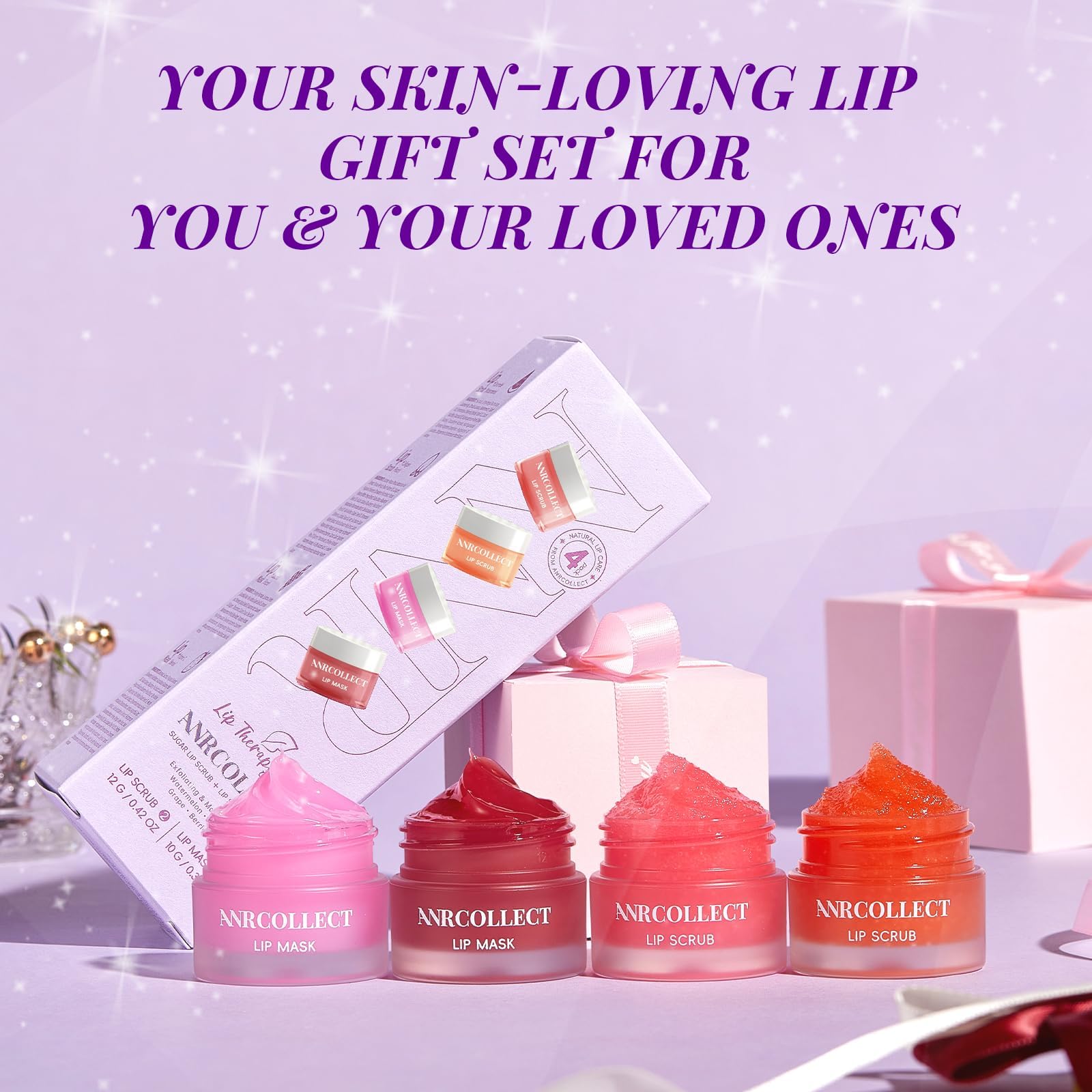 ANRCOLLECT lip care-set flatlay showcases 4-pack gift-ready packaging