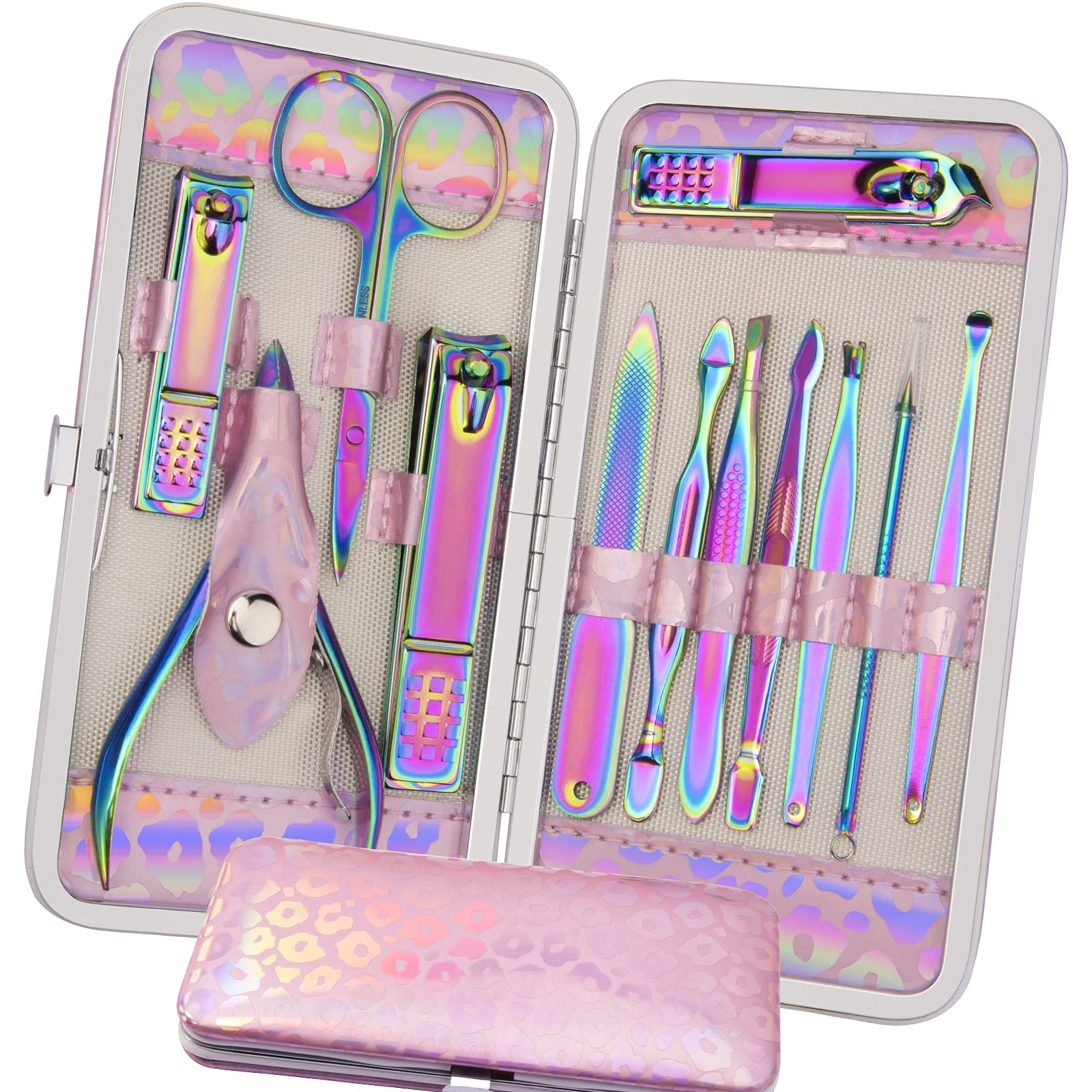 ANRUI Manicure Set with rainbow-finish nail clippers and pedicure tools for durable home care.