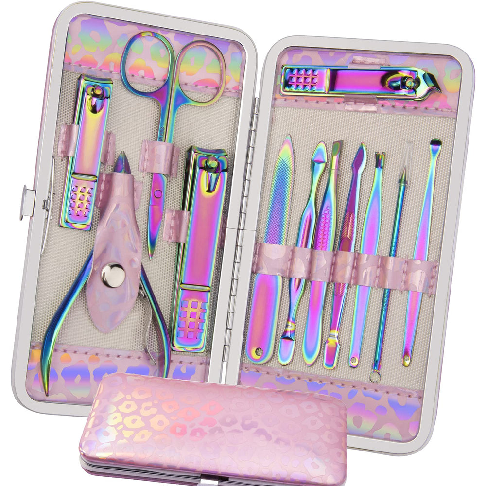 ANRUI Manicure Set with rainbow-finish nail clippers and pedicure tools for durable home care.