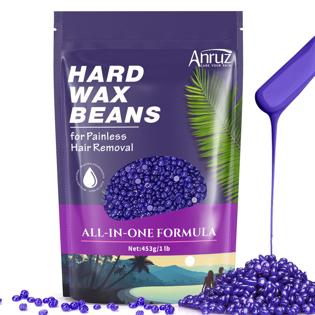 ANRUZ hard lavender wax beads bottle ready for at-home waxing with professional results.