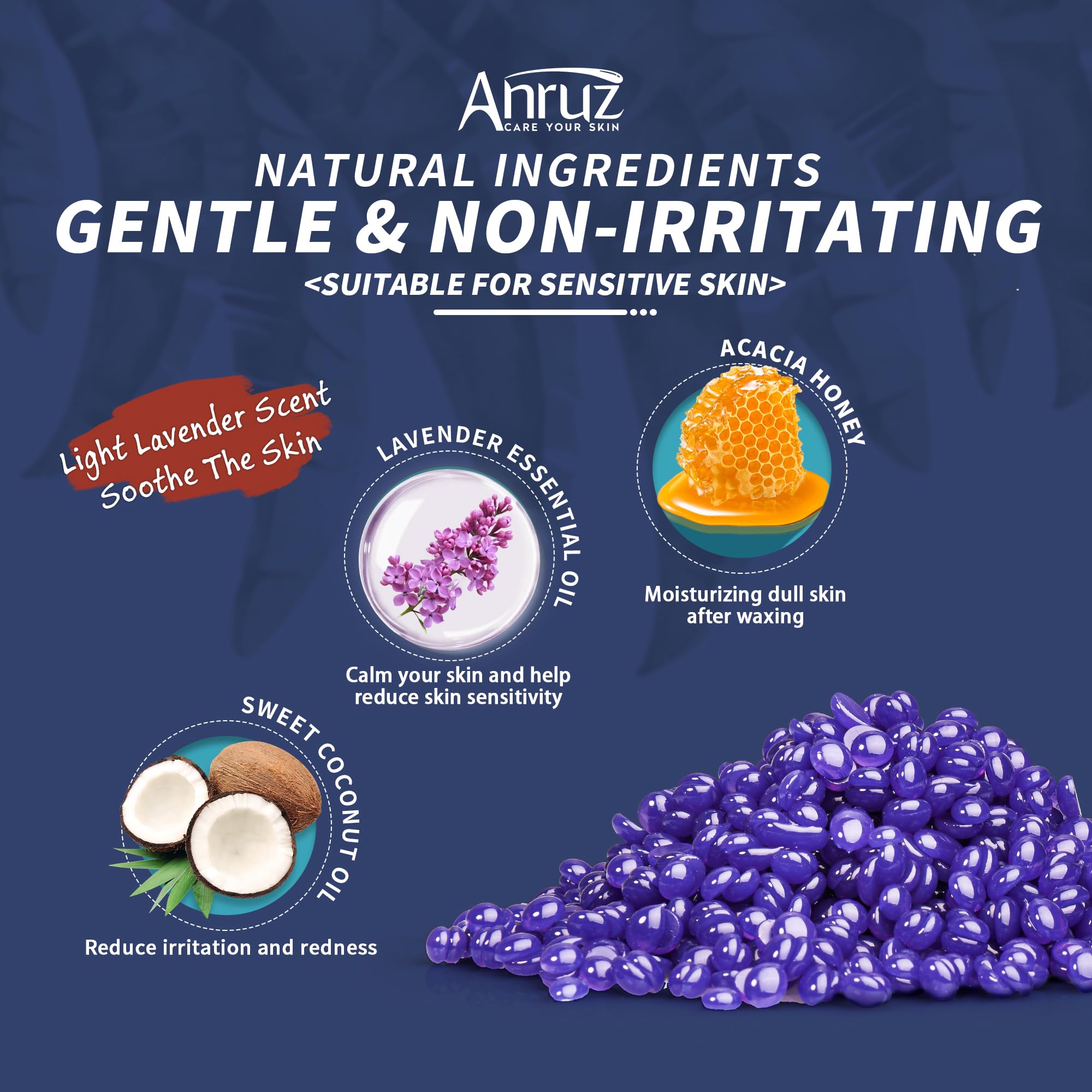 ANRUZ wax beads for underarms offer gentle, effective hair removal with lavender soothing scent.